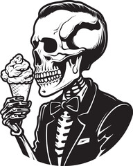 Terrifying Treats Skeleton Enjoying Soft Serve Icon Bone Chilling Cones Soft Ice Cream with Skeleton Emblem