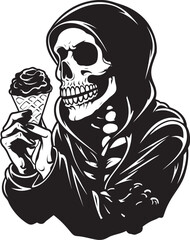 Frozen Frights Skeleton with Soft Serve Ice Cream Logo Spooky Sweets Soft Ice Cream and Skeleton Vector Design