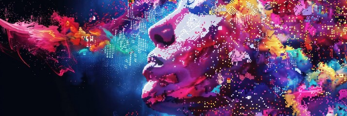 Pixelated digital explosion in vibrant colors