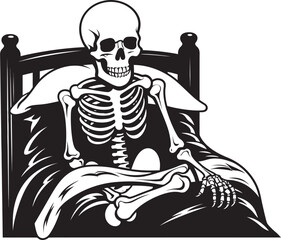 Bone Chilling Rest Skeleton on Bed Graphic Ghostly Siesta Skeleton Emblem on Bed