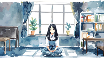 Watercolor illustration of a cute black haired girl
