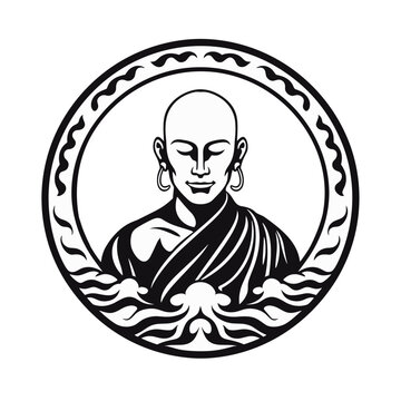 Buddhist Monk boy or man in round frame black and white vector illustration isolated transparent background logo, cut out or cutout t-shirt print design