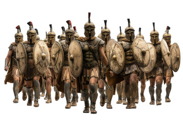 Ancient Spartan Soldier Advancing in Formation with Comrades Isolated on Transparent Background - obrazy, fototapety, plakaty