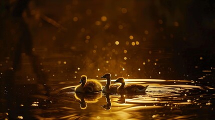 Serene ducklings swimming in golden sunset light on tranquil water