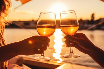 Two hands clinking glasses of amber wine on a boat, against the sunset reflecting on the water. Sunset Toast with Amber Wine on Boat