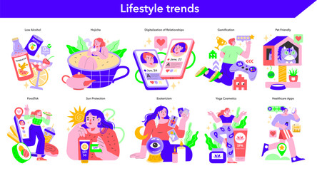 Fototapeta na wymiar Lifestyle trends set. Modern life visualized in vibrant vectors.