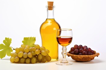 Elegant presentation of amber wine in a glass and decanter, accompanied by a bunch of fresh grapes. Traditional Amber Wine with Grapes