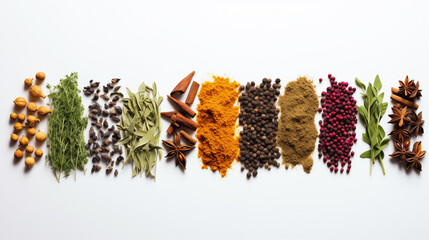 Various colorful spices and herbs are arranged in a neat row on a white background - Powered by Adobe