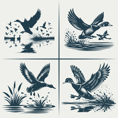 Mallard Duck hunting  vector Bundle file ,Black and white Flying Ducks Silhouette file , Flying Wood Duck Water Landing svg