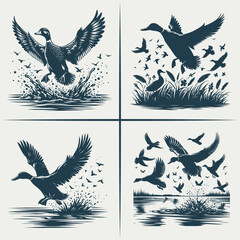 Mallard Duck hunting  vector Bundle file ,Black and white Flying Ducks Silhouette file , Flying Wood Duck Water Landing svg