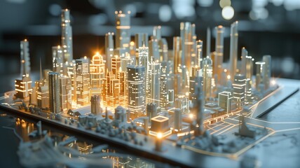Illuminated miniature cityscape model with glowing lights