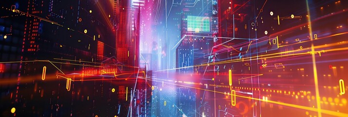 Cybernetic cityscape with neon lights and futuristic connectivity