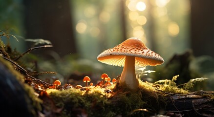 Forest Mushrooms Lit by Sunlight, Pale Orange and Emerald, Tranquil Atmosphere, Nature-themed Images, Plants Growing for Wallpapers