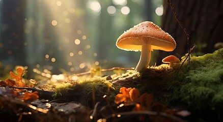 Forest Mushrooms, Sunlit, Pale Orange, Emerald, Tranquil Atmosphere, Nature-themed Plants for Wallpapers - obrazy, fototapety, plakaty