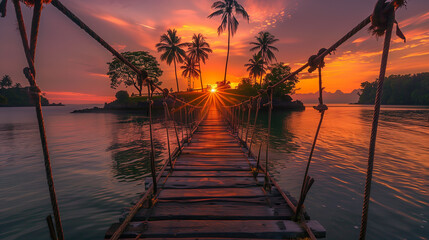 Fototapeta na wymiar Wooden bridge over the sea at sunset, Koh Samui, Thailand