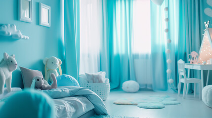 Interior of baby room with blue walls, white bed and soft toys - obrazy, fototapety, plakaty