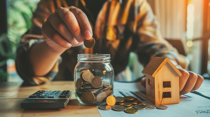 Close up of man hand putting coin into glass jar with house model and calculator on wooden table background - obrazy, fototapety, plakaty