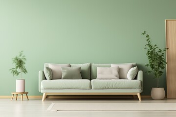 Light Green Sofa, Brown Beige Pillows, Wall Background, Cozy Living Room Decor