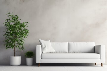 Minimalist Living Room, White Sofa, Potted Plant, Concrete Wall, Contemporary Interior Design