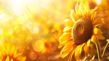 Sunflower on blurred sunny nature background. Horizontal agriculture summer banner with sunflowers field. Organic food production. Copy space for text