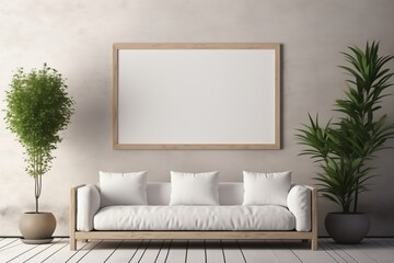 Minimalist Living Space, White Sofa, Stucco Wall, Empty Mock-Up Poster Frame, Contemporary Interior Design