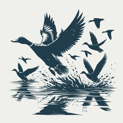 Mallard Duck hunting  vector Bundle file ,Black and white Flying Ducks Silhouette file , Flying Wood Duck Water Landing svg
