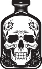 Ghostly Goblet Skull in Bottle Graphic Design Macabre Mixology Vector Logo with Skull Trapped in Bottle