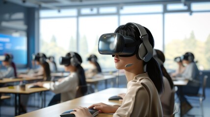 virtual classroom with students using VR for immersive learning, showcasing the educational potential of VR technology during the VR Mania