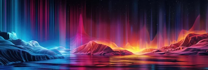 Zelfklevend Fotobehang Surreal landscape with undulating hills under a vibrant starry sky © SwiftCraft