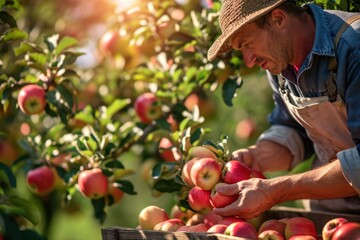 Farmer harvesting fresh organic red apples in the garden on a sunny day. Freshly picked fruits.