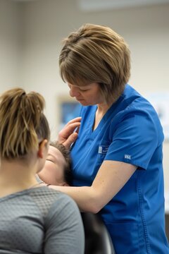 Female physical therapist gently adjusting patient's neck during treatment