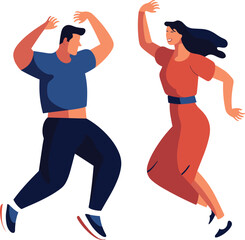 Happy couple dancing together with joy, man in blue, woman in orange, casual style. Celebrating moment, energetic dance, joyful mood vector illustration.