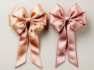 Two pink and beige silk bows as a gift on a white background.