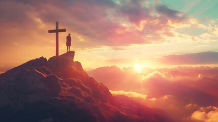 Solitude at Sunrise with a Cross on a Mountain Peak