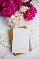 greeting card design. bouquet of peonies and space for text