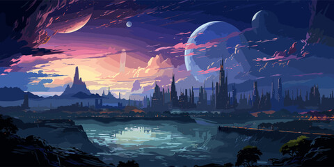 Futuristic sci-fi city, alone in a big city composition, neon lights and cyberpunk colors vector flat bright colors