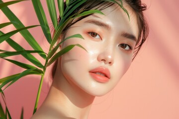 A lovely young Asian woman with flawless skin on a pink background emphasizing face care treatment cosmetology and spa in an Asian women s portrait