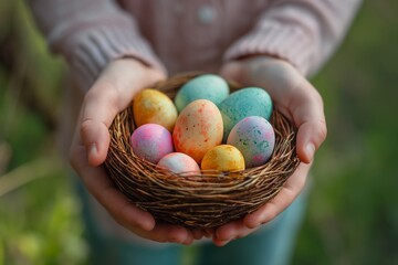 Fototapeta na wymiar Children's hands hold a basket with Easter eggs