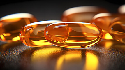 Vitamin E or yellow fish oil or Omega 3-6-9 capsules, ultra close-up macro view
