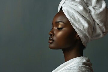 African woman with towel on head and radiant skin relaxes after beauty treatment in spa Background grey