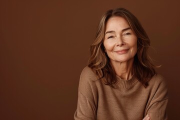 Ageing woman with well maintained skin white teeth and a positive expression gazes happily above with arms crossed highlighting beauty and age