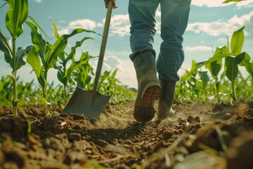 An agronomist works in a corn field using a shovel and wearing boots - obrazy, fototapety, plakaty