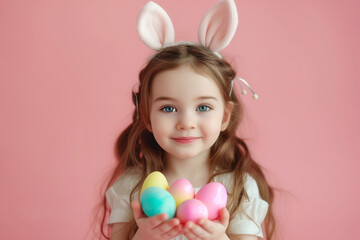 Obraz na płótnie Canvas Cute little girl in bunny ears holding Easter eggs on pink background