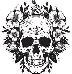 Bloomed Brilliance Vector Logo featuring Flower Skull in Bold Line Art Floral Fantasy Graphic Design of Flower Skull with Thick Lines