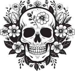 Garden Gothic Bold Line Flower Skull Logo Design Bouquet Bounty Thick Line Art Vector Graphic of Flower Skull