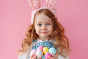 Obraz na płótnie Canvas Portrait of kid in rabbit ears: holding easter eggs on pink background - festive joy