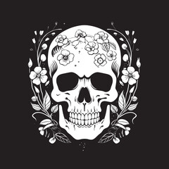 Rosy Remembrance Thick Line Art Flower Skull Iconography Garden Gothic Bold Line Flower Skull Logo Design