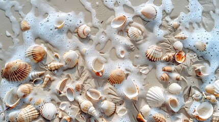 View of the tropical sandy beach. Shells in the sand. wide panoramic banner. travel and vacation concept
