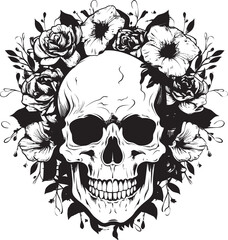 Botanic Bones Floral Skull Vector Icon Design Bloomed Boneyard Thick Line Art Logo with Flower Skull