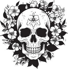 Rosy Remains Thick Line Art Flower Skull Icon Garden Ghoul Floral Skull Logo Design with Bold Lines